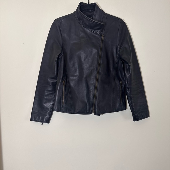 Eileen Fisher Leather black moto biker jacket Asymmetrical zip size small - Picture 14 of 16